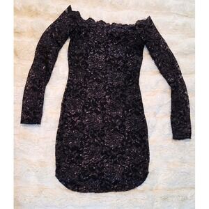 Windsor Black Shimmer Lace Off Shoulder Mini Dress Whimsigoth Dark Fairycore ~XS